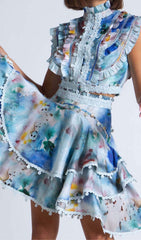 SLEEVELESS PRINT PATTER TWO PIECE SET IN BLUE