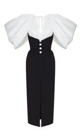 SLIT MIDI DRESS IN BLACK AND WHIRT