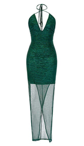 SPLIT THIGH MESH MIDI DRESS IN OLIVE GREEN