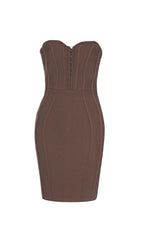 STRAPLESS BANDAGE MINI DRESS IN BROWN