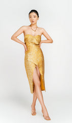 STRAPLESS SPLIT MIDI DRESS IN GOLD