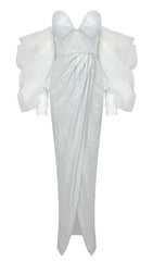 STRAPLESS PUFF SLEEVES SHINY GLITTER WEDDING DRESS