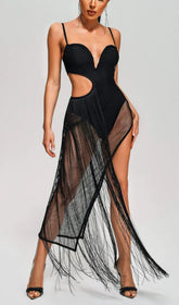 TASSEL MESH BODYSUIT MIDI DRESS IN BLACK