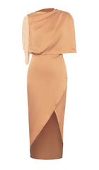 TASSEL SLEEVE SATIN MIDI DRESS IN BROWN