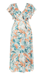 TROPICAL PRINT BUTTERFLY SLEEVE MIDI DRESS IN MULTI COLOR