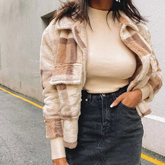 Check Print Long Sleeve Flap Pocket Fur Teddy Jacket - Brown