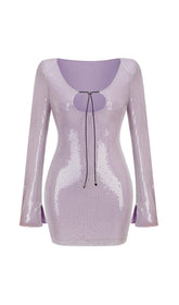 LONG SLEEVE SEQUIN MINI DRESS IN ICE LAVENDER