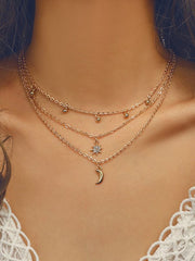 Multi Layered Rhinestone Star Moon Decor Necklace