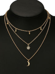Multi Layered Rhinestone Star Moon Decor Necklace