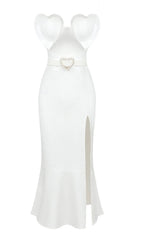 WAIST-TIGHTENING PEARL MIDI DRESS IN WHITE