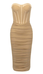 BANDEAU RUCHED CORSET MIDI DRESS IN BROWN