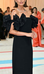 BOW-EMBELLISHED BANDAGE MIDI DRESS IN BLACK