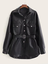 Button Front Flap Pocket Belted PU Coat