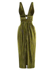CUTOUT PLUNGE MIDI DRESS IN LIME GREEN