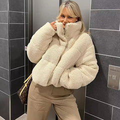 Zipped Long Sleeve Stand Collar Cropped Puffer Coat - Beige