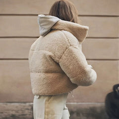 Zipped Long Sleeve Stand Collar Cropped Puffer Coat - Beige