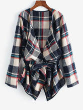 Contrast Piping Belted Plaid Wool Blend Coat