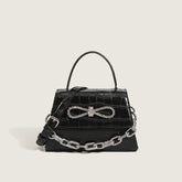 Crystal Bowknot Animal Pattern Chain Trim Handle Bag - Black