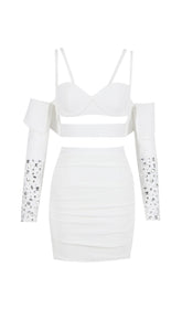 BANDAGE BRIGHT DIAMOND HOLLOW TWO PIECE HALTER WRAP DRESS IN WHITE