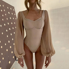Elegant High Cut Mesh Puff Sleeves Sweetheart Bodysuit - Khaki