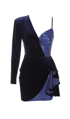 VELVET PLEATED SEQUINED MINI DRESS IN NAVY BLUE