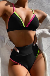 Pink Lime Black Colorblock Rib Triangle Bikini Top