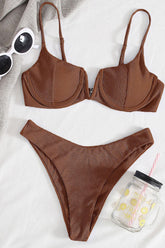 Brown Ribbed Front V Underwire Bikini Top