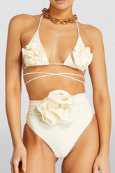 Rose Applique Wrap Tie Halterneck Triangle High-Wasited Bikini Set