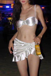 Metallic-Sheen Ruched Underwired Balconette Bikini Set With Knotted Ruffled Mini Skirt