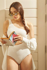 Crinkle Cut-Out One Shoulder One Piece Swimsuit - White