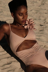 Nude Ruffled V-Neck Cut Out One-Piece Swimsuit