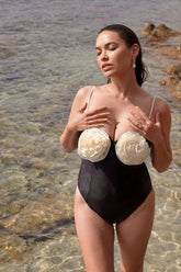 3D Flower Retro Bustier One Piece Swimsuit - Black & Cream