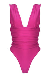 Plunge Ruched High-Leg One Piece Swimsuit - Hot Pink