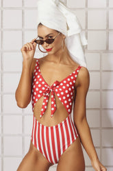 Red White Polka Dots & Striped Tie Front Cut Out Monokini