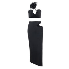Floral Appliqu Halter Crop Top Cutout Split Midi Skirt Matching Set - Black