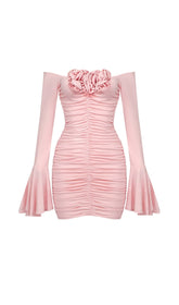 FLOWER-EMBELLISHED RUCHED MINI DRESS IN COTTON CANDY