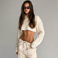 Neck Long Sleeve Cable Knit Crop Sweater - Beige