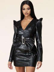 Leather V Neck Belt Dress
