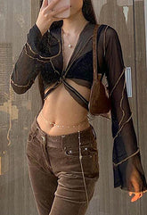 Mesh Long Sleeve Crop Blouse