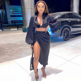 Long Sleeve High Slit Satin Skirt Matching Set - Black