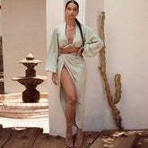 Long Sleeve High Slit Satin Skirt Matching Set - Green