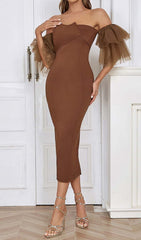 OFF-SHOULDER RUFFLED MIDI DRESS IN BROWN