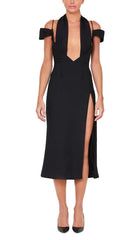 OFF THE SHOULDER HALTER MIDI DRESS IN BLACK