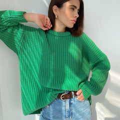 Candy Color Crewneck Pullover Sweater - Green
