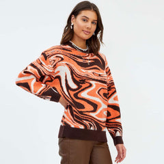 Wave Print Ribbed Long Sleeve Pullover Sweater - Burnt Orange