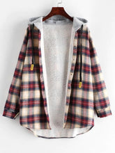 Plaid Buttoned Curved Hem Hooded Coat