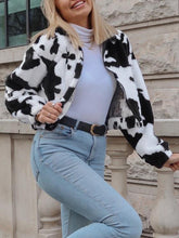 Plush Cow Print Drop Shoulder Zipper Coat