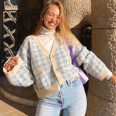 Preppy Houndstooth V Neck Long Sleeve Cardigan - Blue