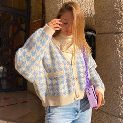 Preppy Houndstooth V Neck Long Sleeve Cardigan - Blue