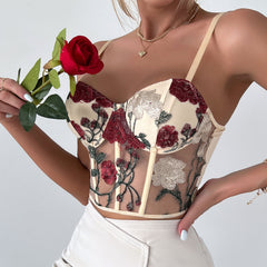 Floral Embroidered Cropped Corset Top - Apricot